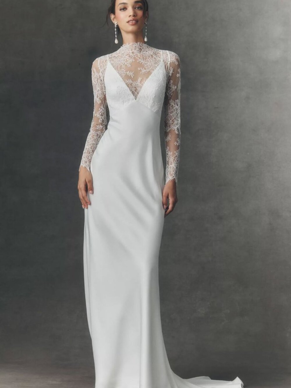 Jenny Yoo Iris Long-Sleeve V-Neck Satin Wedding Gown Size 4 NEW